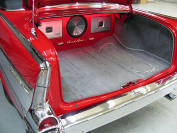 1957 CHEVY - INSTALLED CLARION SUB WOOFERS, AMPLIFIERS AND EQUALIZER, KENWOOD SPEAKERS, CUSTOM BASS ENCLOSURE,  ENGINE COMPARTMENT TRUCK ILLUMINATION AND ELECTRIC WINDOWS.