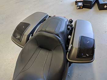 2020 Harley Road Glide in for Rockford Fosgate audio upgrade. TMS65 speakers in the fairing & the tour pack. TMS5x7 in the stock locations in the saddlebags with power being handled by a M5-800x4 amp. Added subwoofer saddlebag kit.